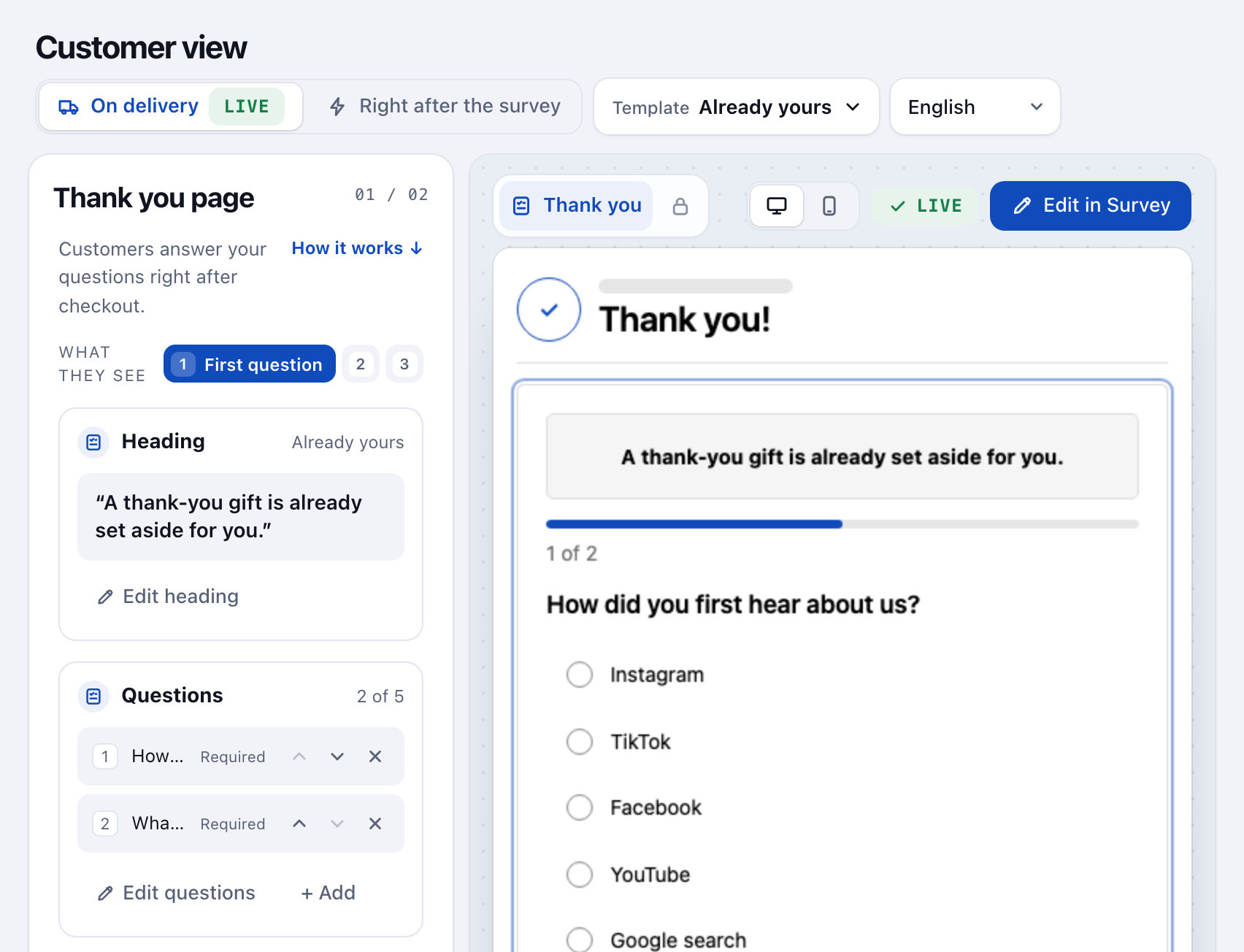 The Customer view screen: the thank-you page heading and questions on the left, a live preview of what the customer sees on the right